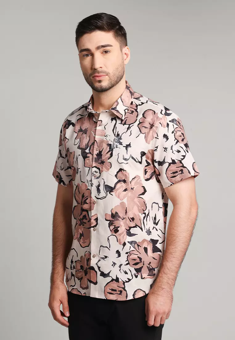MOC - Kemeja Motif Lengan Pendek Pria Coriander - Brown