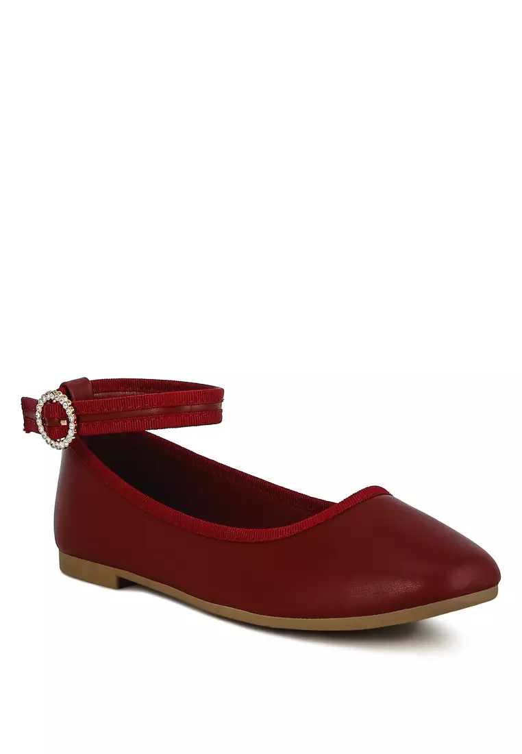 Burgundy Ankle Strap Detail Ballet Flats