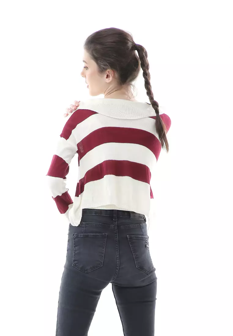 Vilia Rajut Crop Atasan Wanita Oversize Motif Stripe Garis Relaxed Fit - Maroon