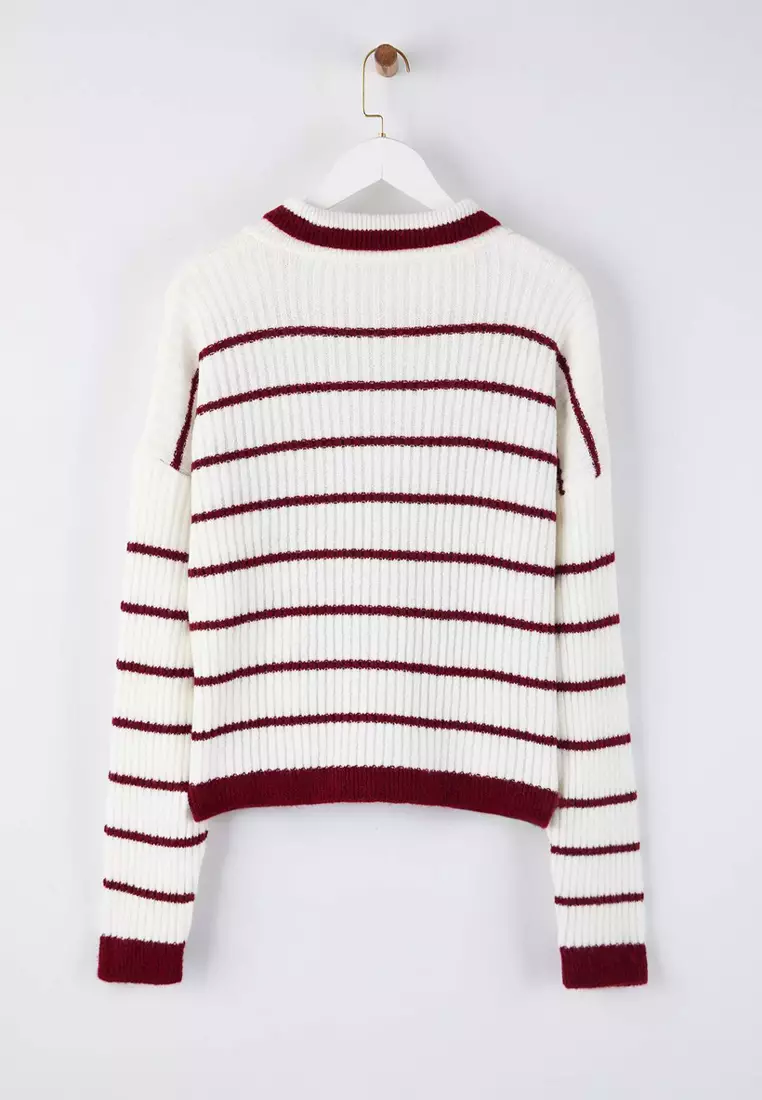 White Polo Neck Striped Knitwear Sweater Twoaw26Kz268