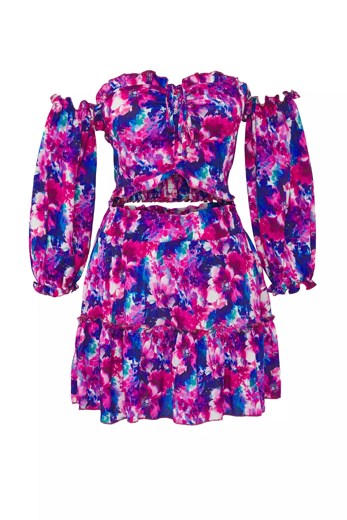 Flower Patterned Woven Frilly Beach Blouse Skirt Suit Tbess21Au0539