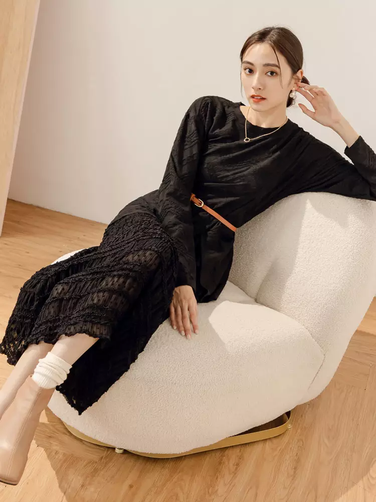 Textured pique side slit long-sleeve long top [AB17545]
