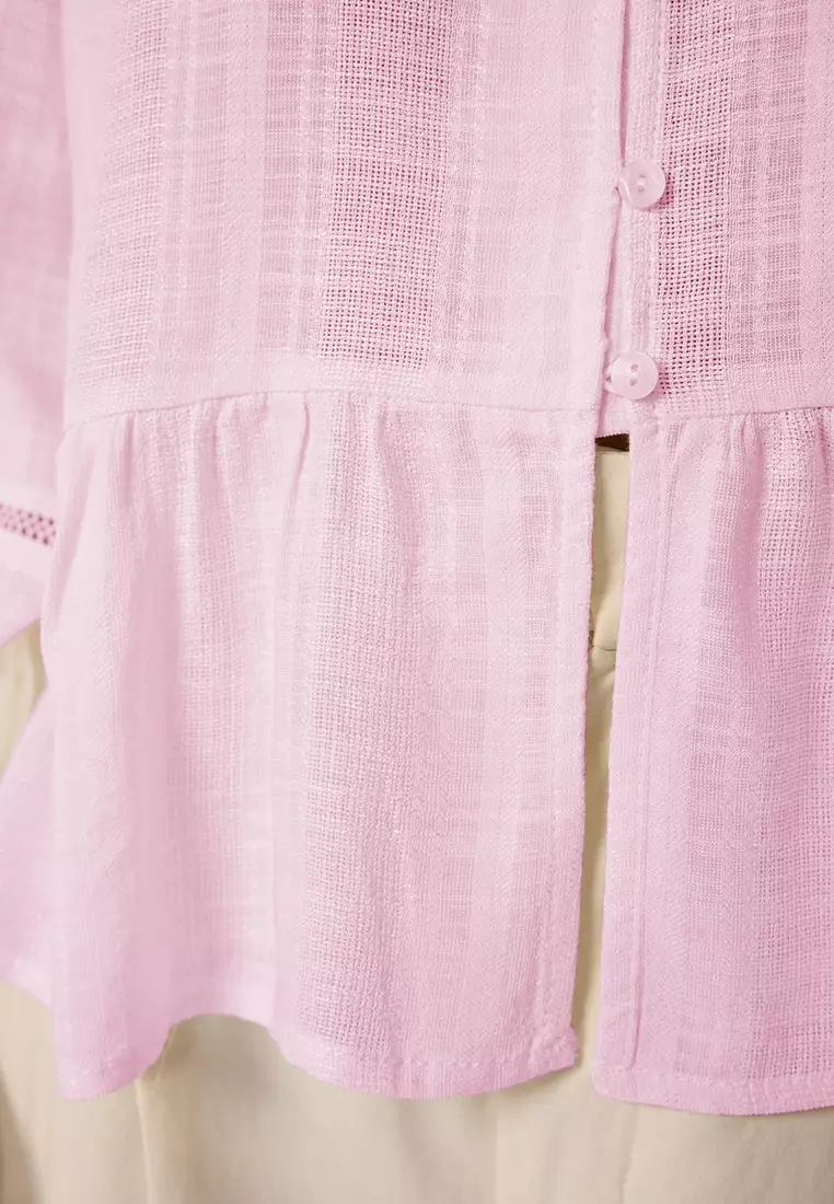 Light Pink Cotton Textured Lacy On The Sleeve Regular Normal Fit Shirt