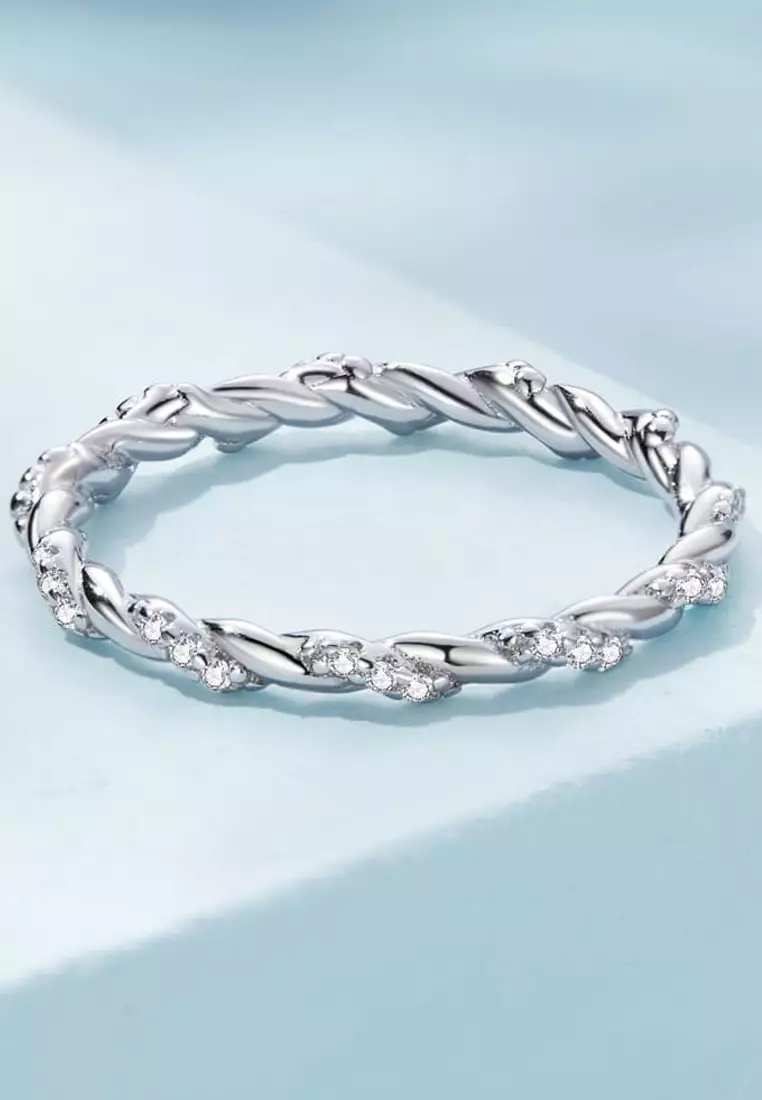 Solid Silver Twisted Crystal String Ring