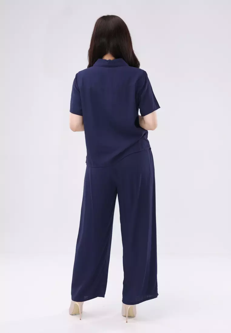 Plain Soft Linen Short Sleeves Collared Blouse/Pants