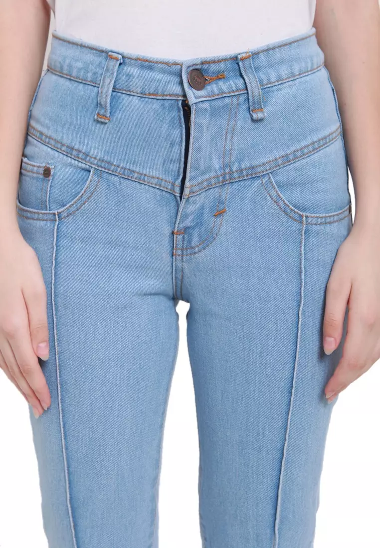 Jesslyn Celana Jeans Boyfriend Aksen Ripped Bawahan Wanita Regular Fit - Light Blue
