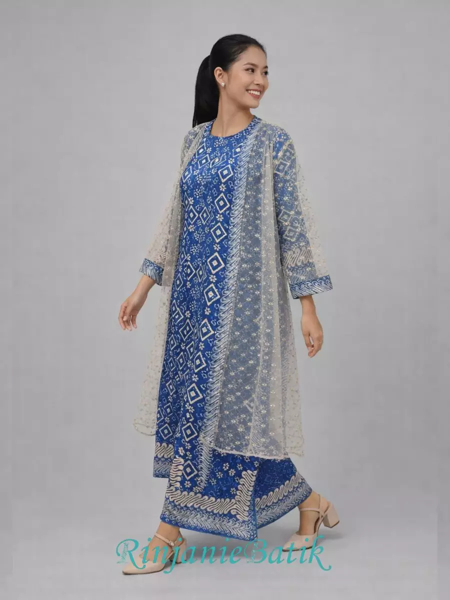 Rinjanie Batik - GMOT BR - Gamis Outer Raya Dynamic Blue - Batik Cap