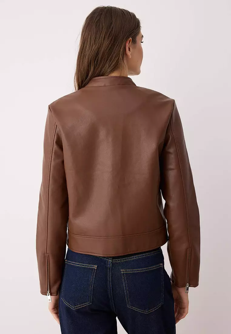 Dark Brown Fitted Mold Faux Leather Biker Slim Jacket Coats