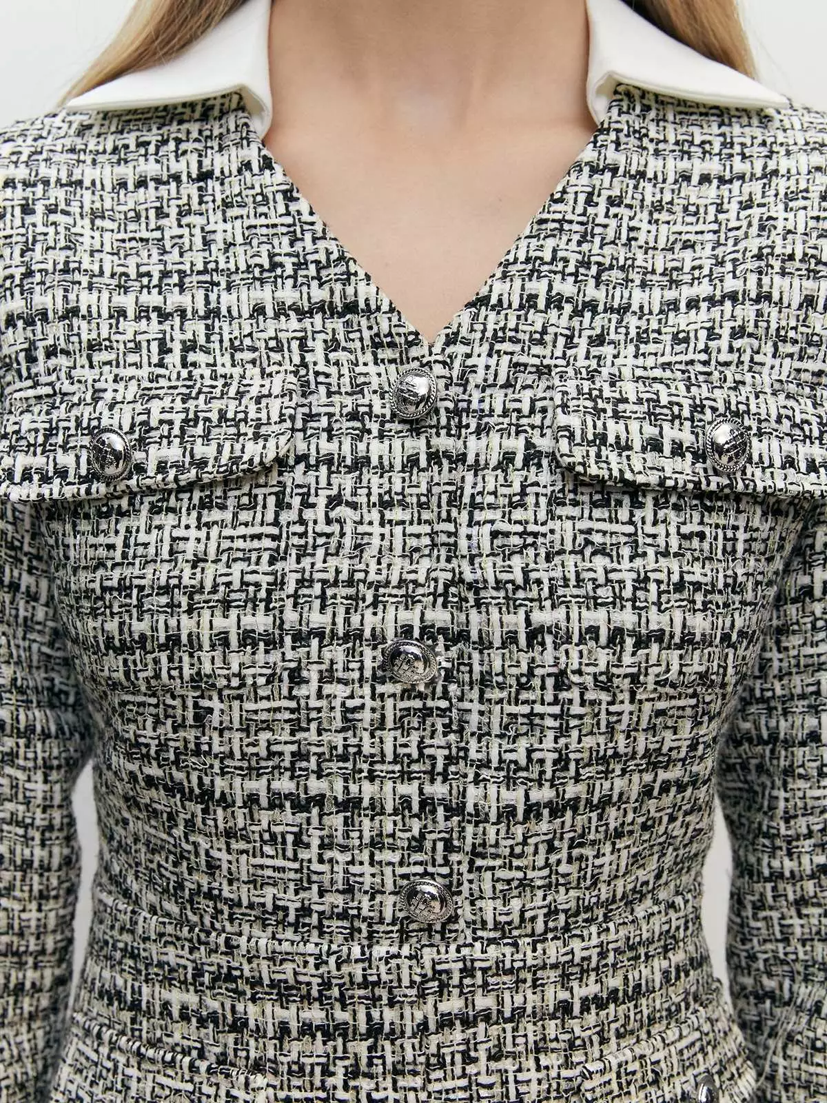 Long Sleeve A-Line Tweed Mini Dress - Black