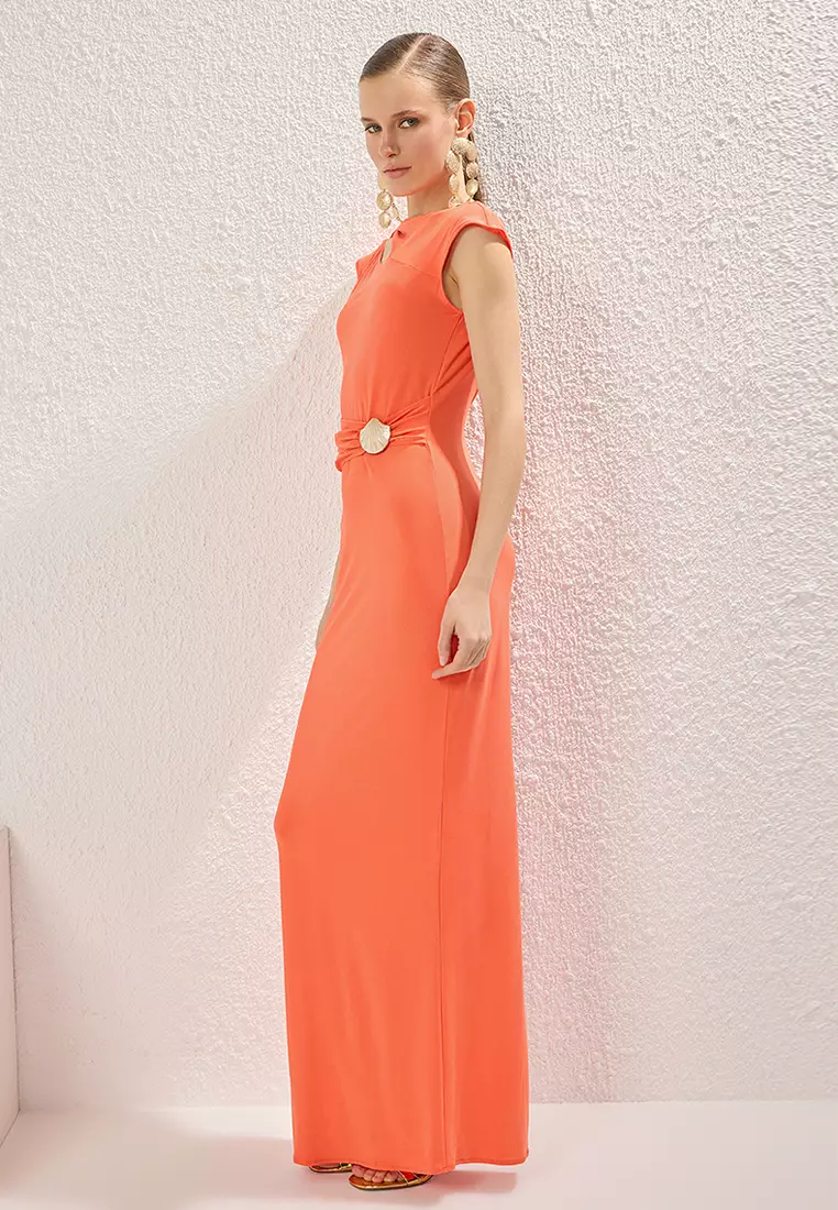 Orange Accessory Detailed Knitted Long Elegant Evening Dress Graduation Dress TPRSS25AE00097
