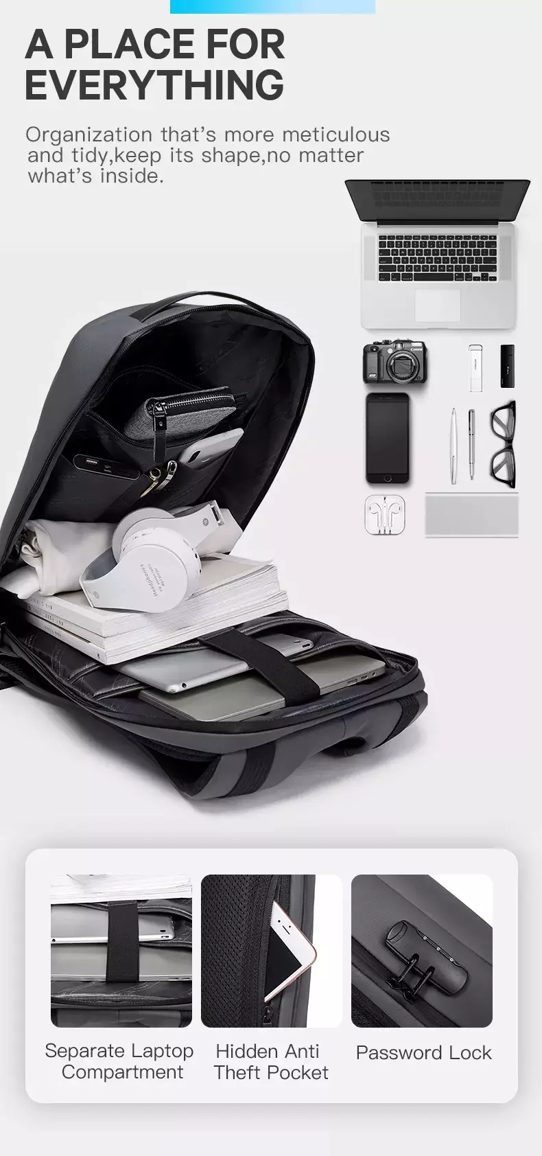 Bange BG22188 Tas Ransel Backpack Laptop Kerja pria 14 Inch Anti Theft Lock USB - Grey