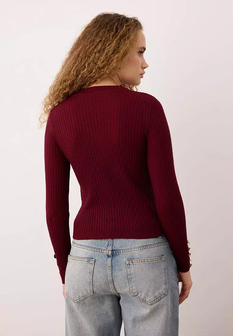 Ecru-Burgundy Crew Neck Hair Knit Double Knitwear Sweater