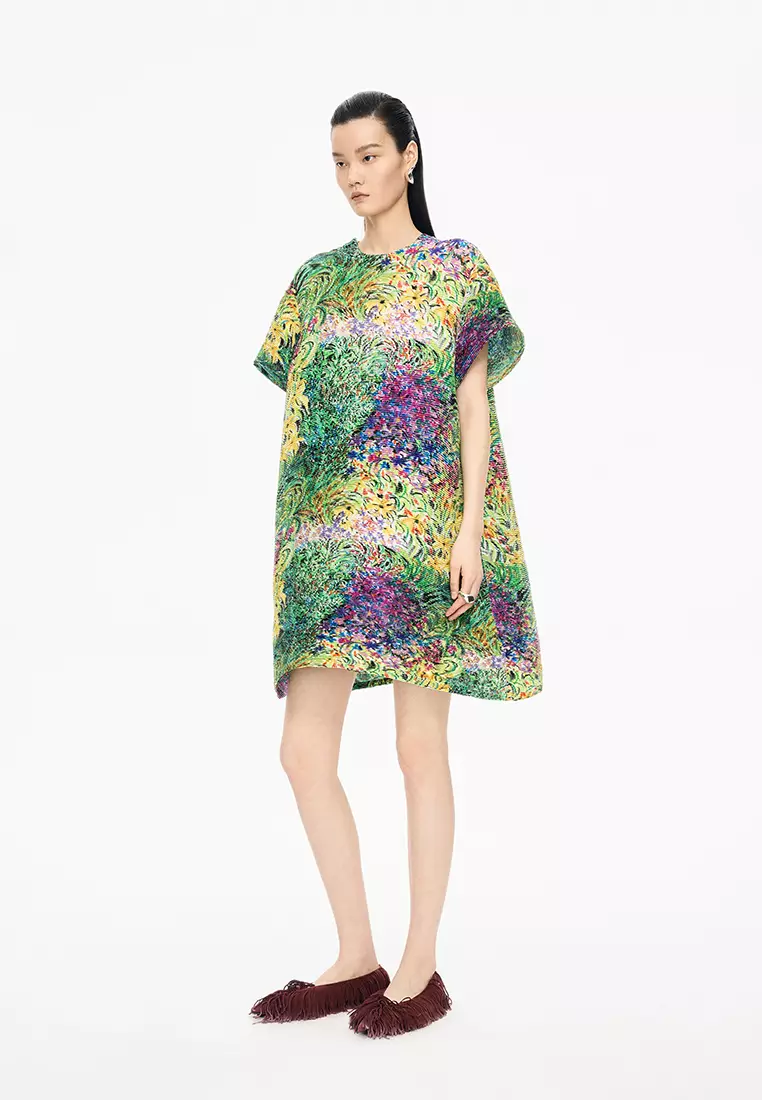 混纺图案元素A型压褶短袖连衣裙