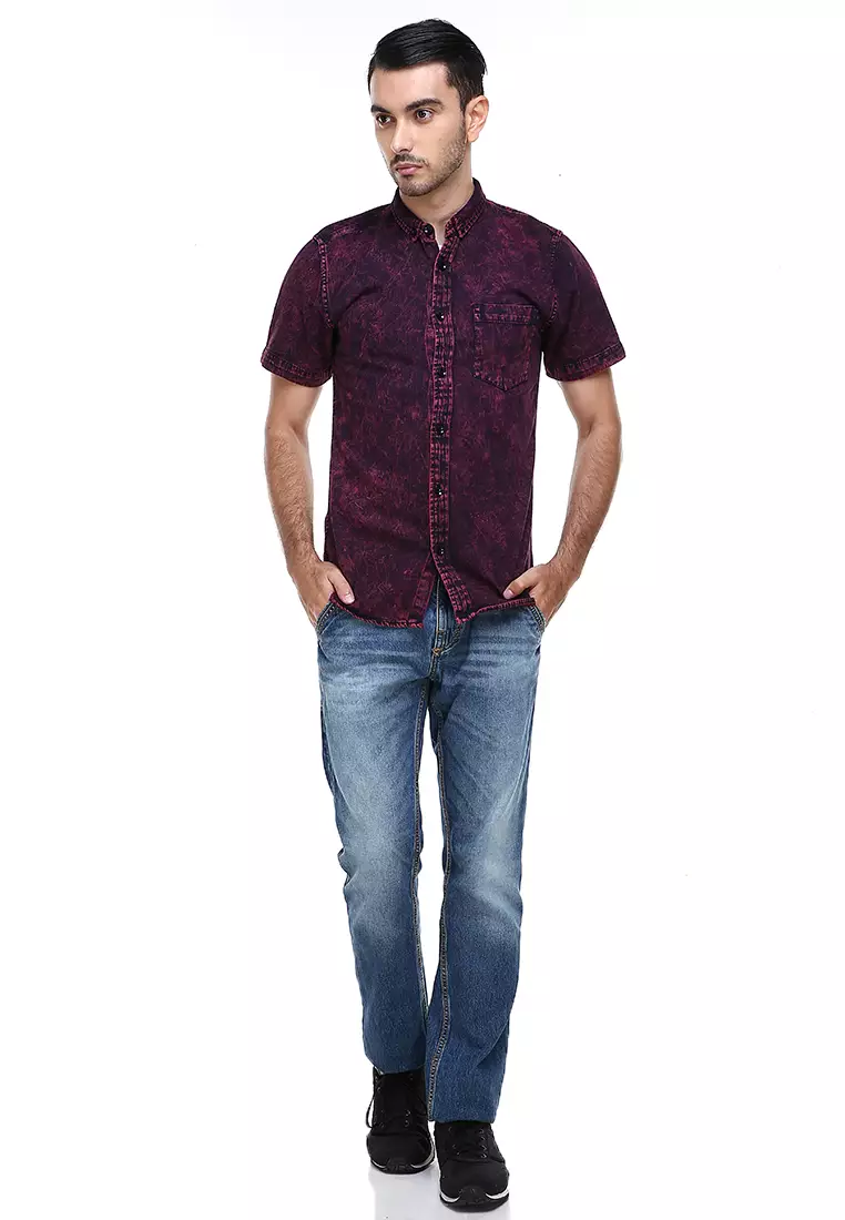 Dwan Shirts Kemeja Jeans Sandwash Kasual Model Slim Fit Material Denim ORIGINAL - Maroon