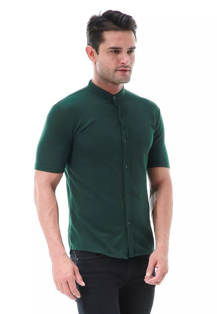 Leopold Atasan Pria Kemeja Kasual Slim Fit Lengan Pendek Motif Polos Material Cotton ORIGINAL - Green