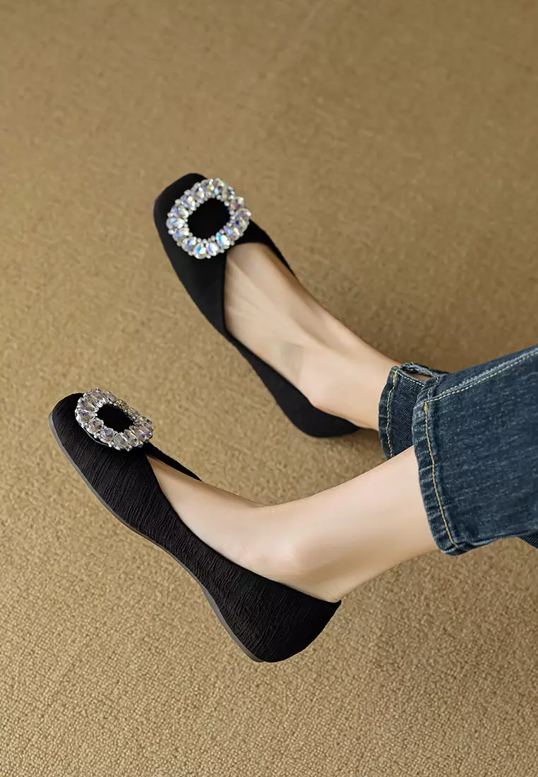 Rhinestone Buckle Square Toe Ballerinas WW566-2
