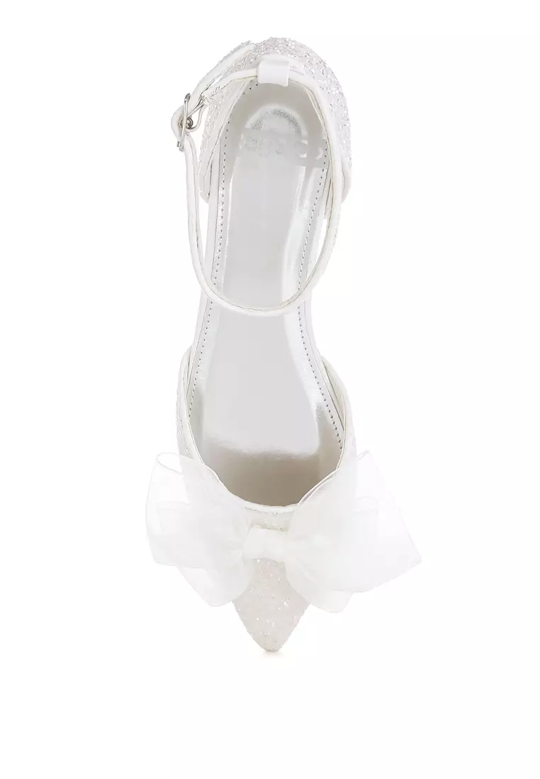 Sheer Bow Detail Glitter Flat Sandals in White