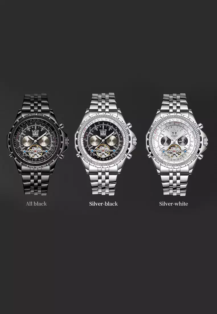 AUTOMATIC Unisex Stainless Steel Self-winding Watch, 46mm Diameter, Black dial on Steel Bracelet