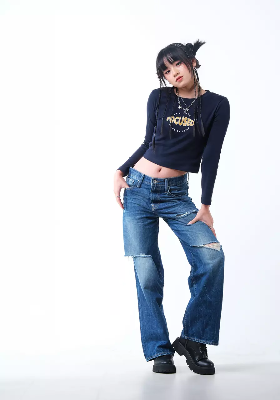 Kaos Baby Tee Wanita Lengan Panjang Round Dark Navy