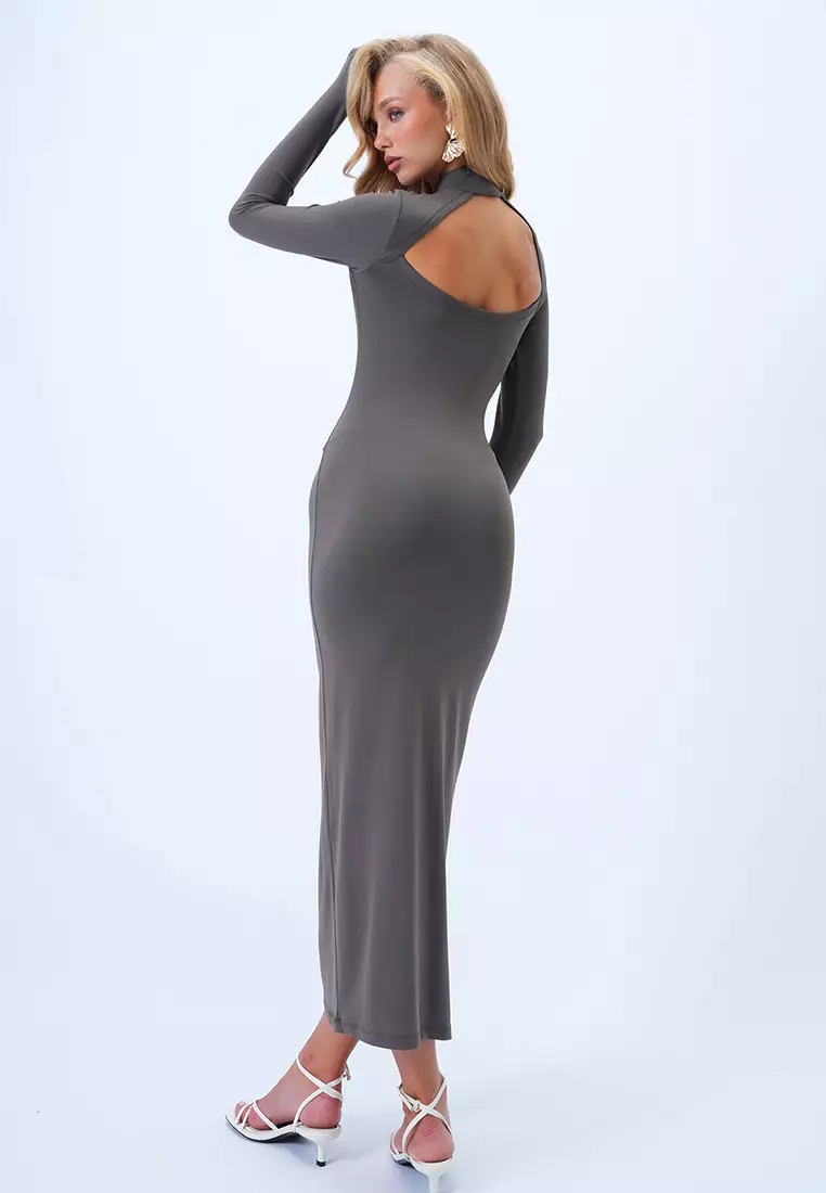 Stand Collar Backless Maxi Length Sandy Dress