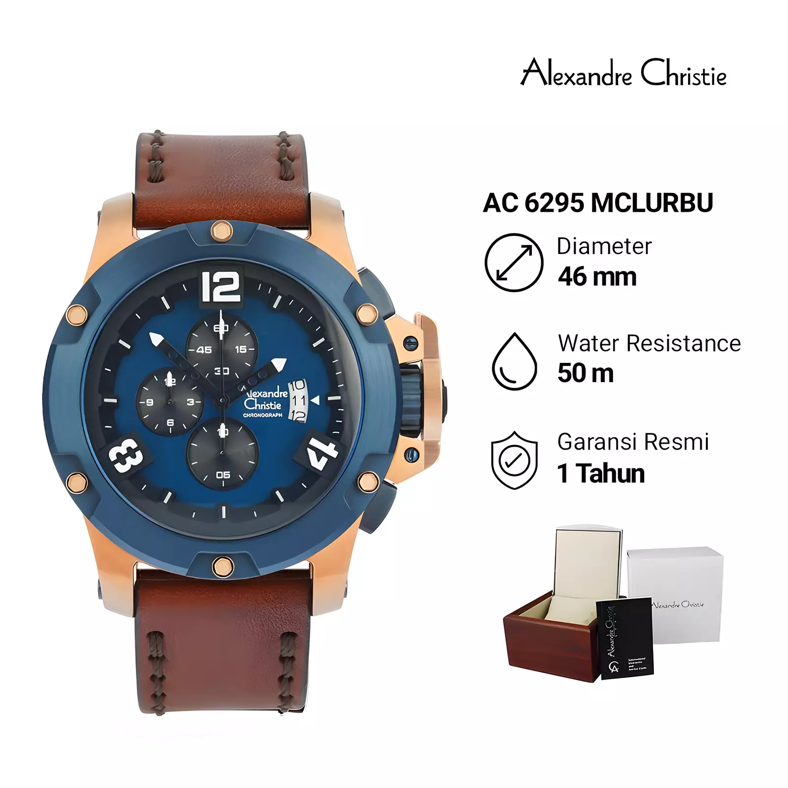 Jam Tangan Chronograph Pria - Rose Gold Blue - Leather Strap - 6295 MCLURBU