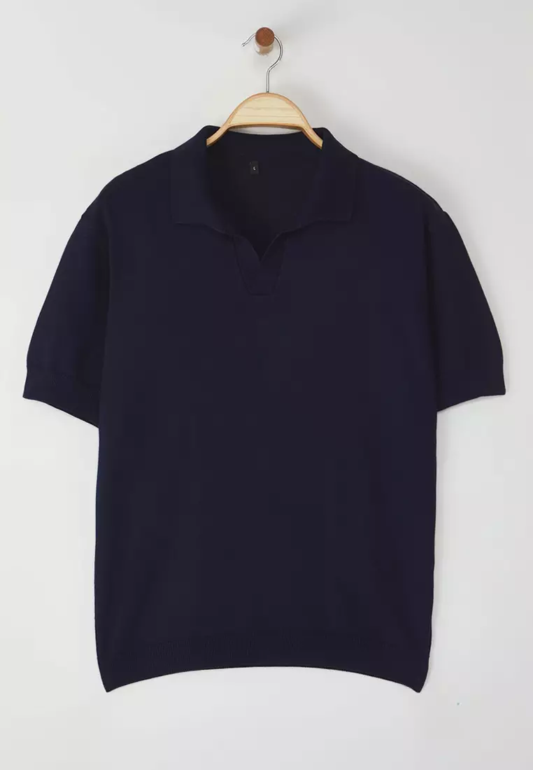 Navy Blue Regular Polo Collar Plain Polo Collar T-shirt TMNSS25PO00008