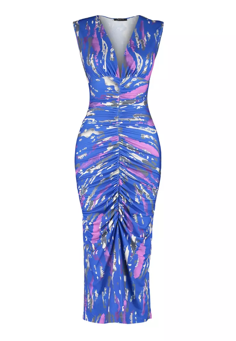 Printed Knitted Midi Dress with Shirring