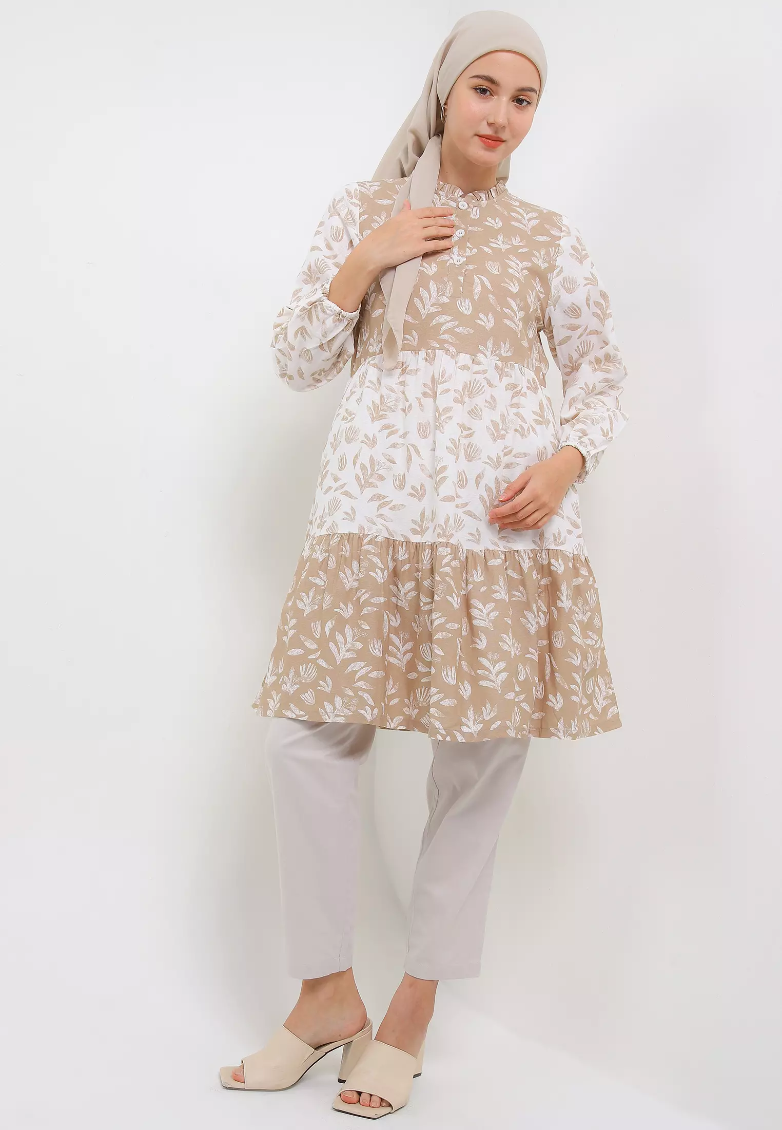 MFMW Zafrana Tunik Khaky Motif Daun