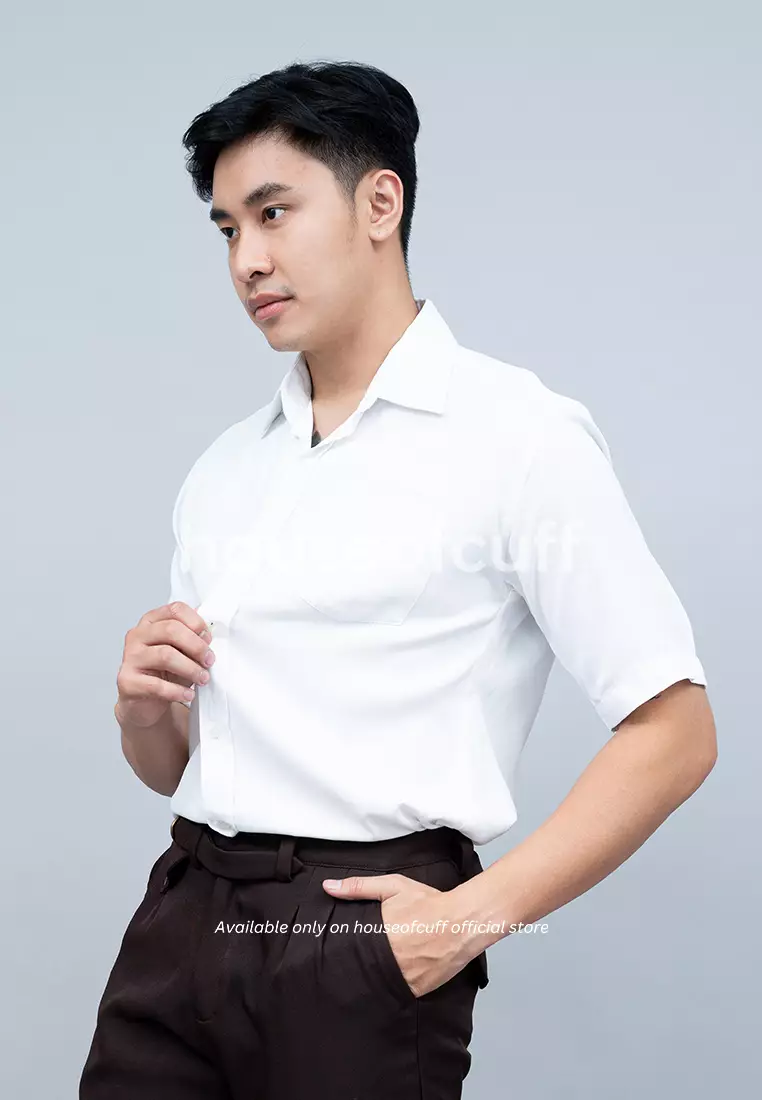 Kemeja kerja slim fit lengan pendek pria kerja Putih houseofcuff