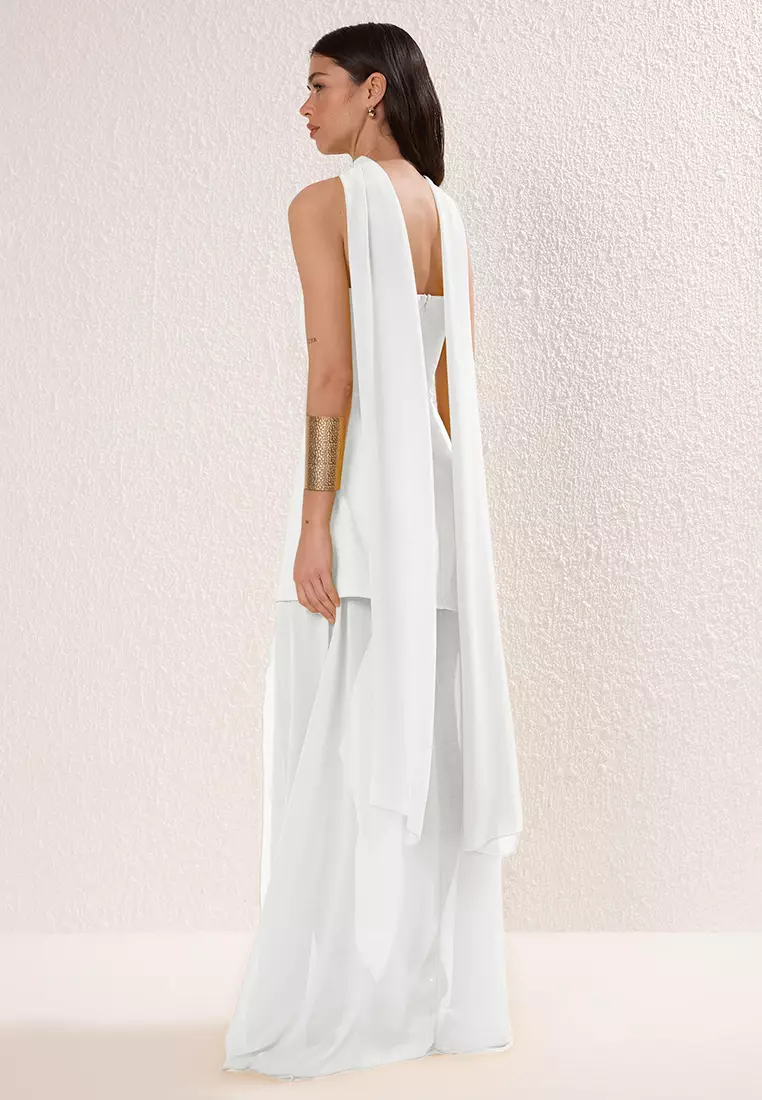 White Shawl Detailed Maxi Evening Dress