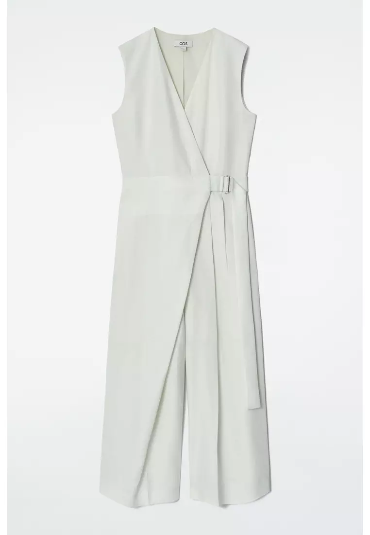 WRAP-FRONT LINEN JUMPSUIT