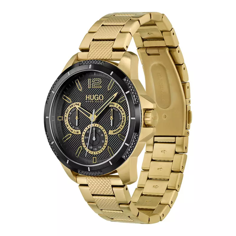 Jam Tangan Pria Hugo Boss 1530196 Men Multifunction Black Dial Gold Stainless Steel Strap