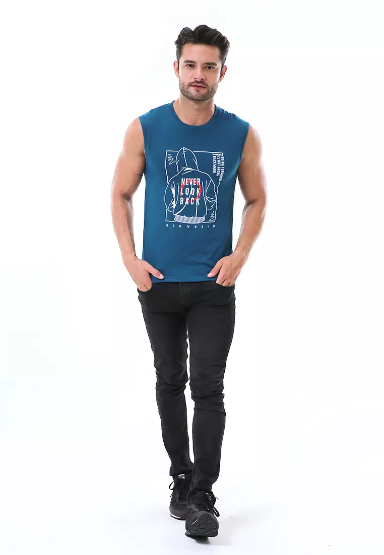Bobby Atasan Kasual Pria Singlet Motif Never Look Back Sleeveless Tshirt Material Cotton ORIGINAL - Tosca