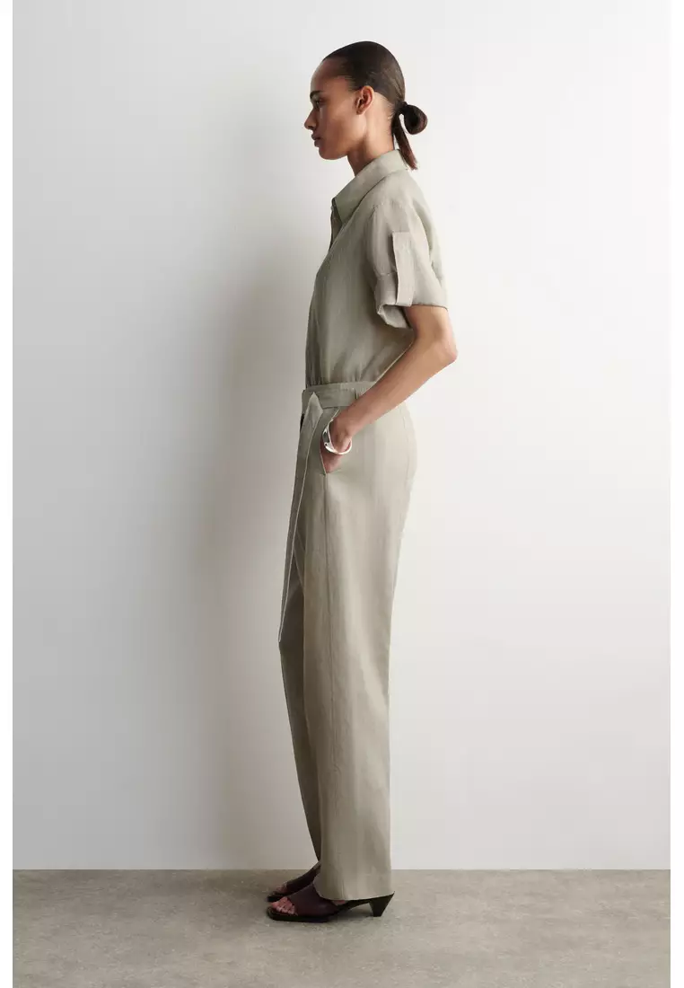 BELTED LINEN BARREL-LEG TROUSERS