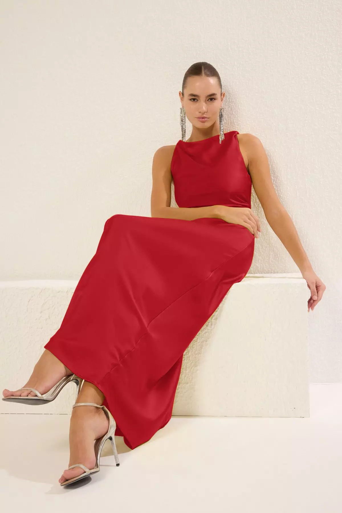 Red Bodycon Satin Woven Maxi Evening Prom Dress TPRSS25AE00066