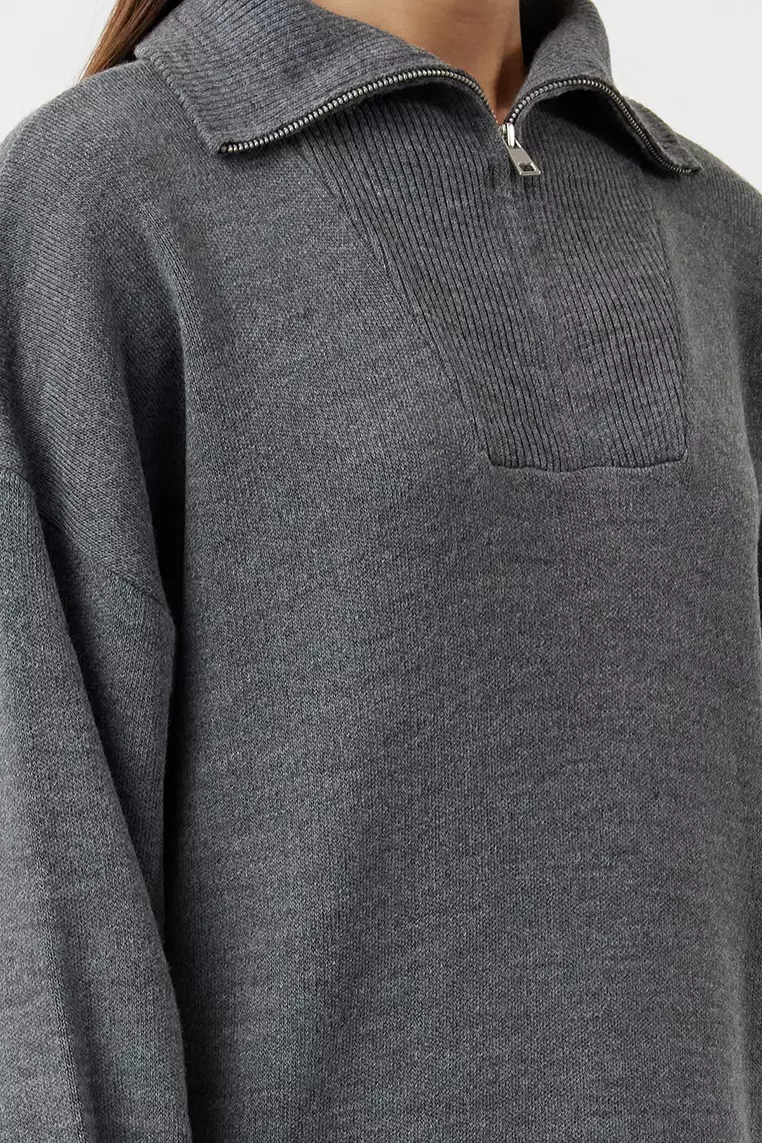 Smoked Comfortable Zippered Collar Basic Knitwear Dress TCTAW25EB00013