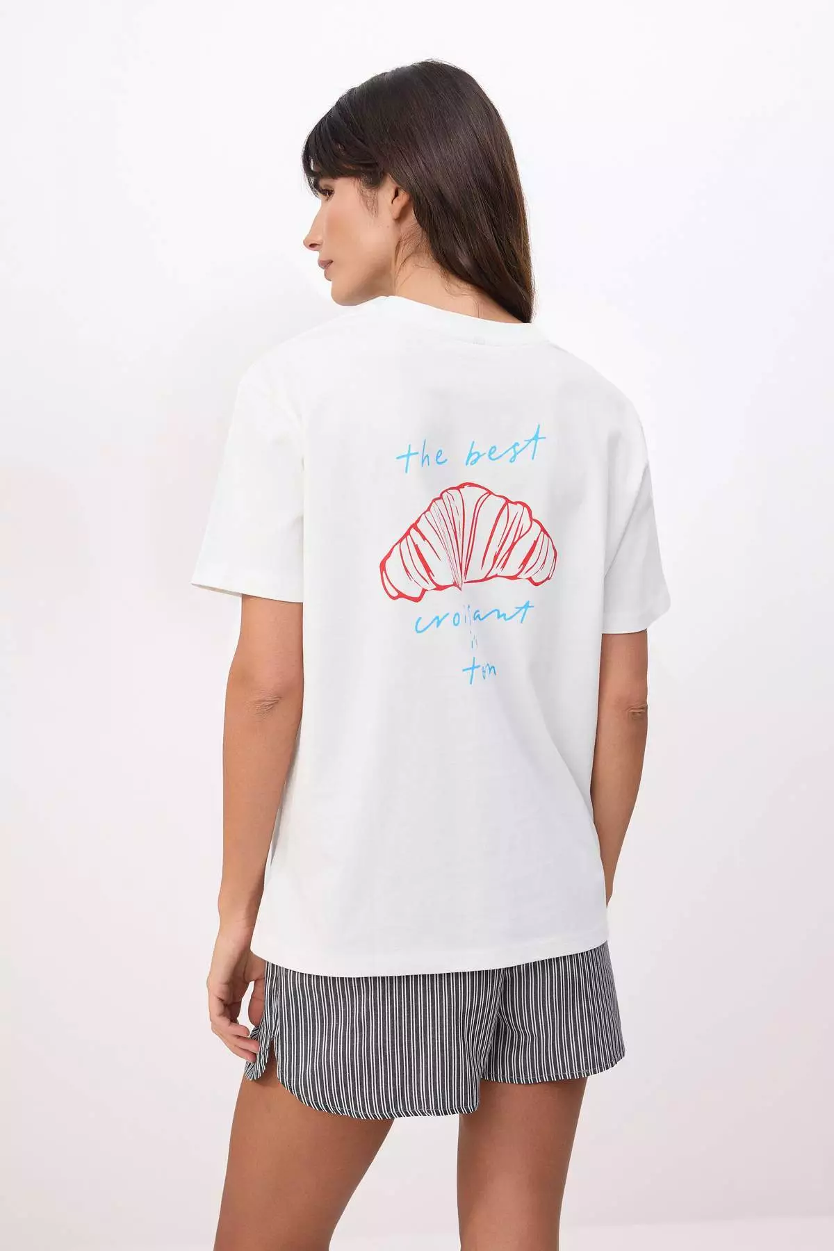 Ecru Printed Oversize/Wide Fit Short Sleeve 1% Cotton Knitted T-Shirt Twoss26Ts116