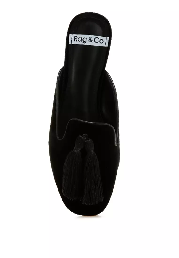 Tassel Detail Velvet Mules in Black