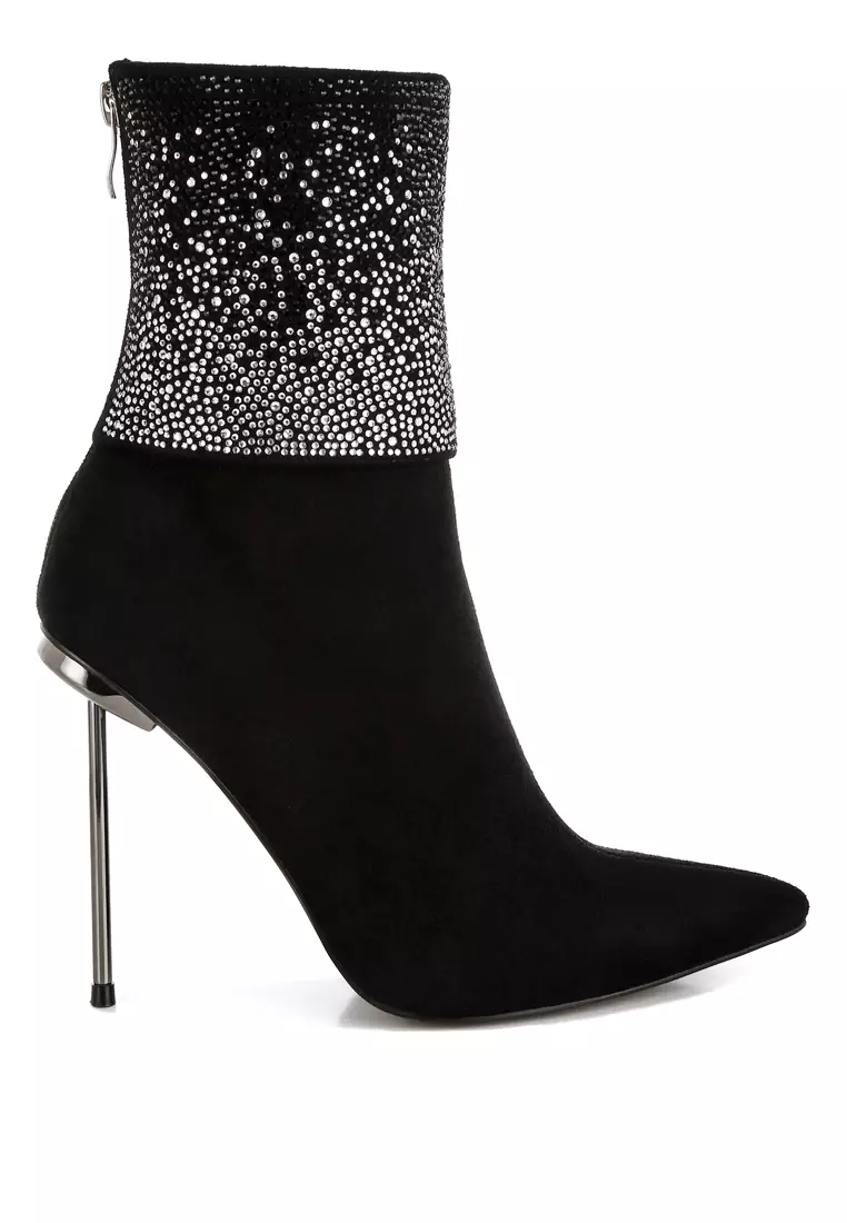 Rhinestones Embellished Foldover Boots in Black