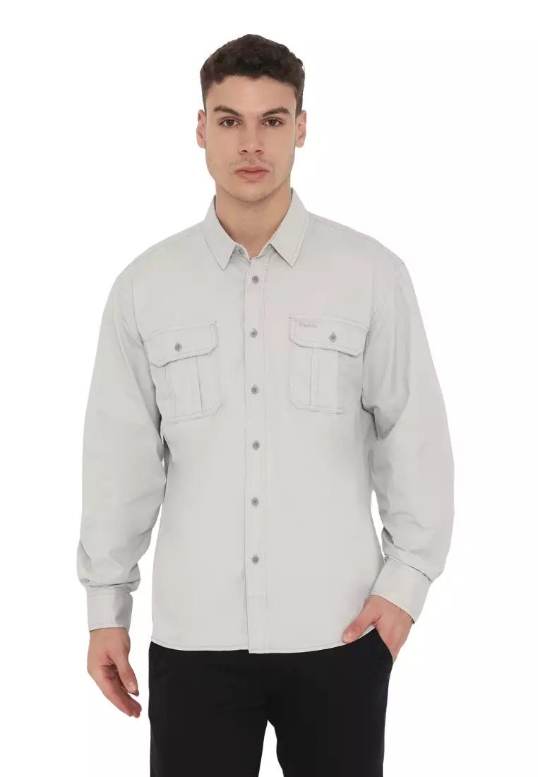 POLICE Kemeja Polos Cotton Kantong Dua Regular Fit Lengan Panjang Pria