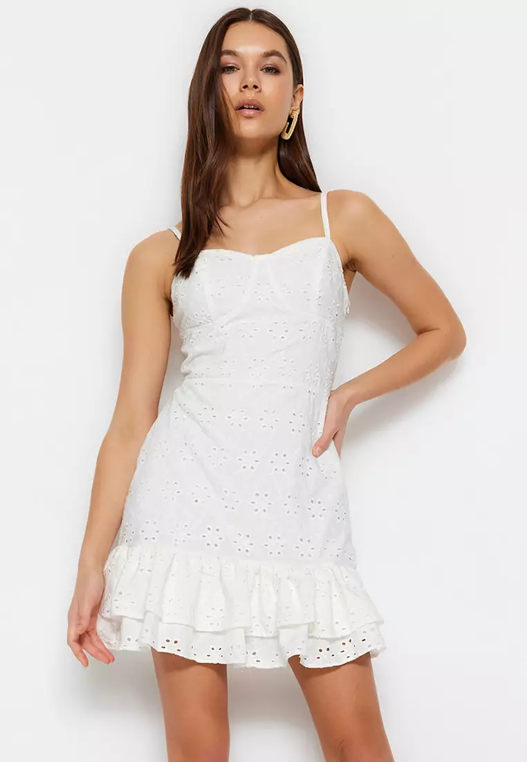 Womens Frill Hem Corset Cotton Mini Dress In Ecru