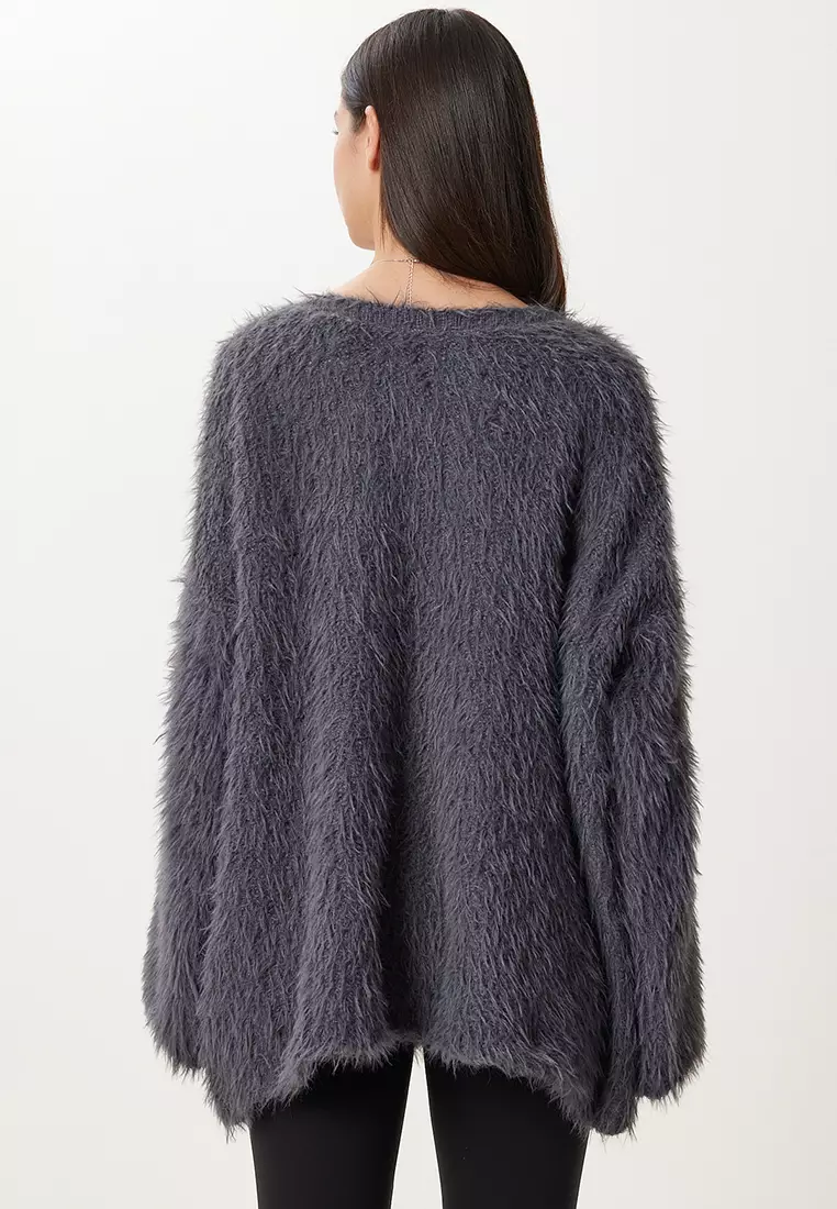 Women's Gray Soft Textured Bearded Knitwear Sweater Ki̇00133