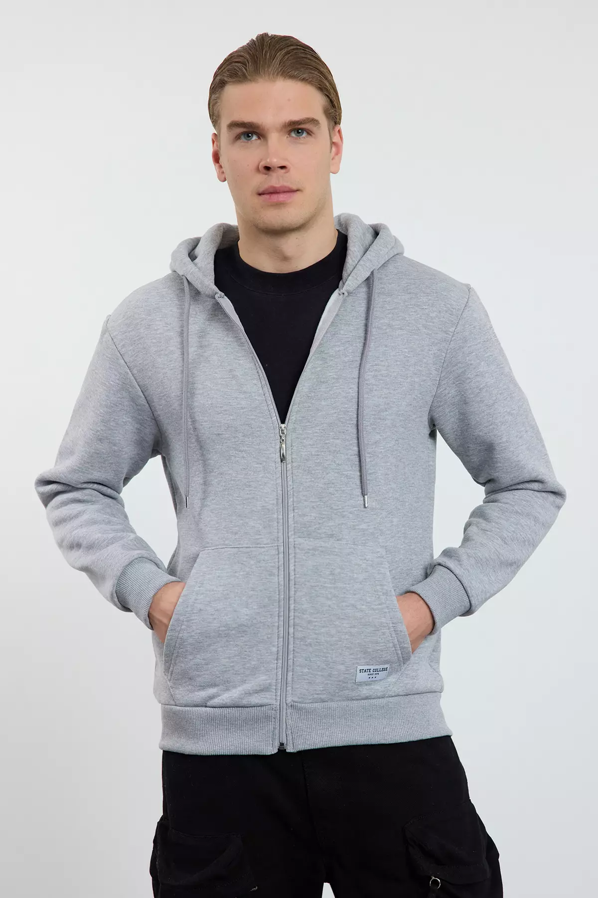 Basic Zipper Hoodie with Embroidered Label Patch