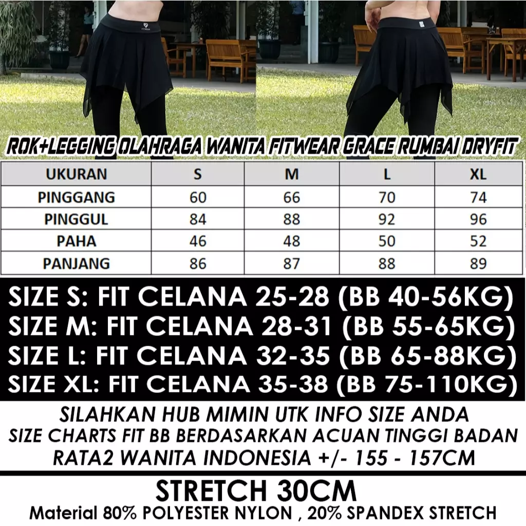 Fitwear Rok + Legging Olahraga Padel Big Size Wanita GRACE MESH DRYFIT - BLACK RUMBAI DRYFIT