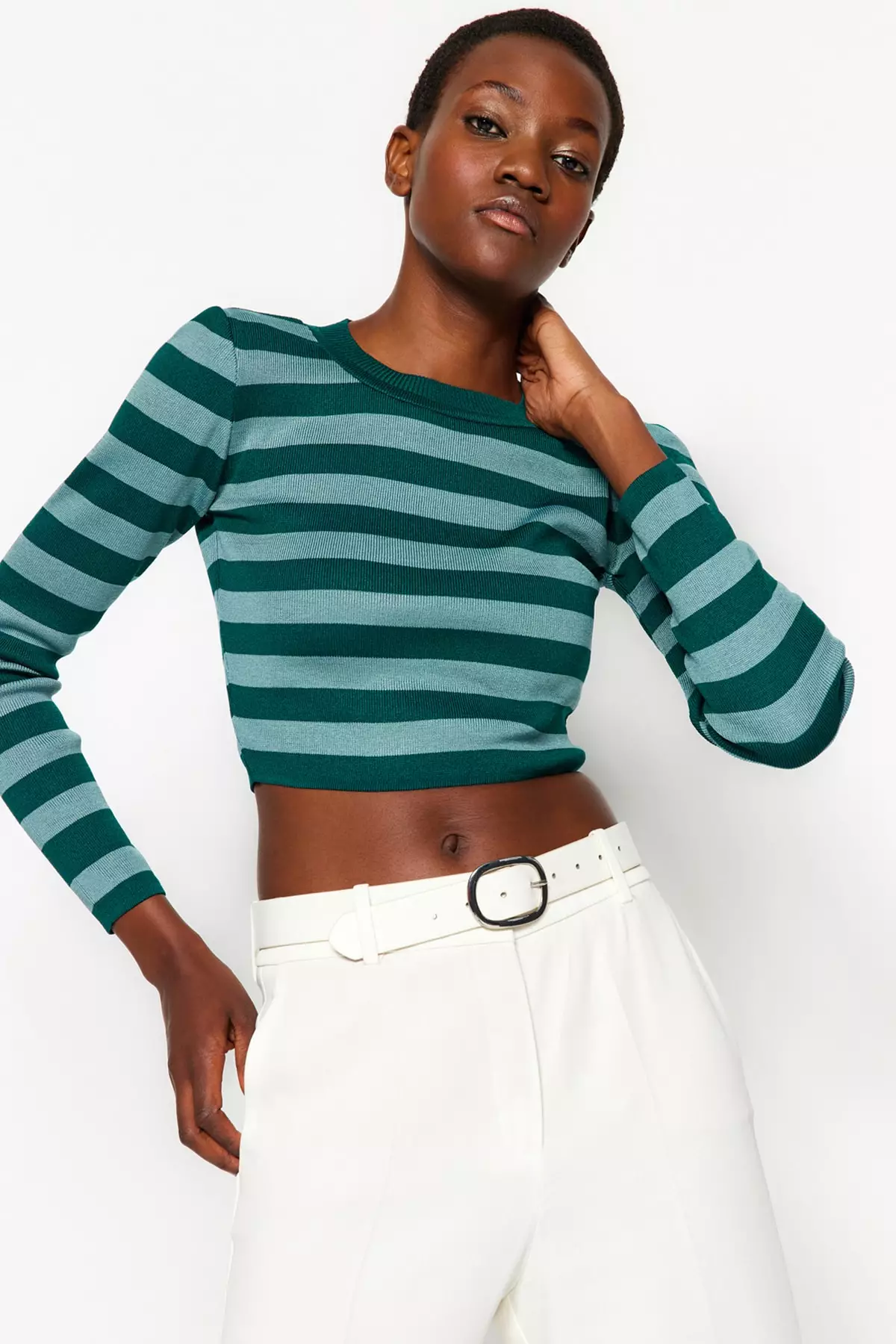 Stripe Knit Long Sleeve Crop Top