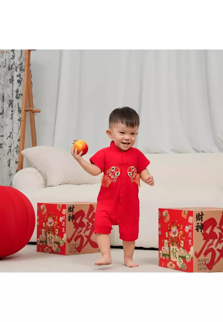 富貴和諧紅色家族裝配金魚圖案嬰兒男孩唐裝漢服爬服 0834