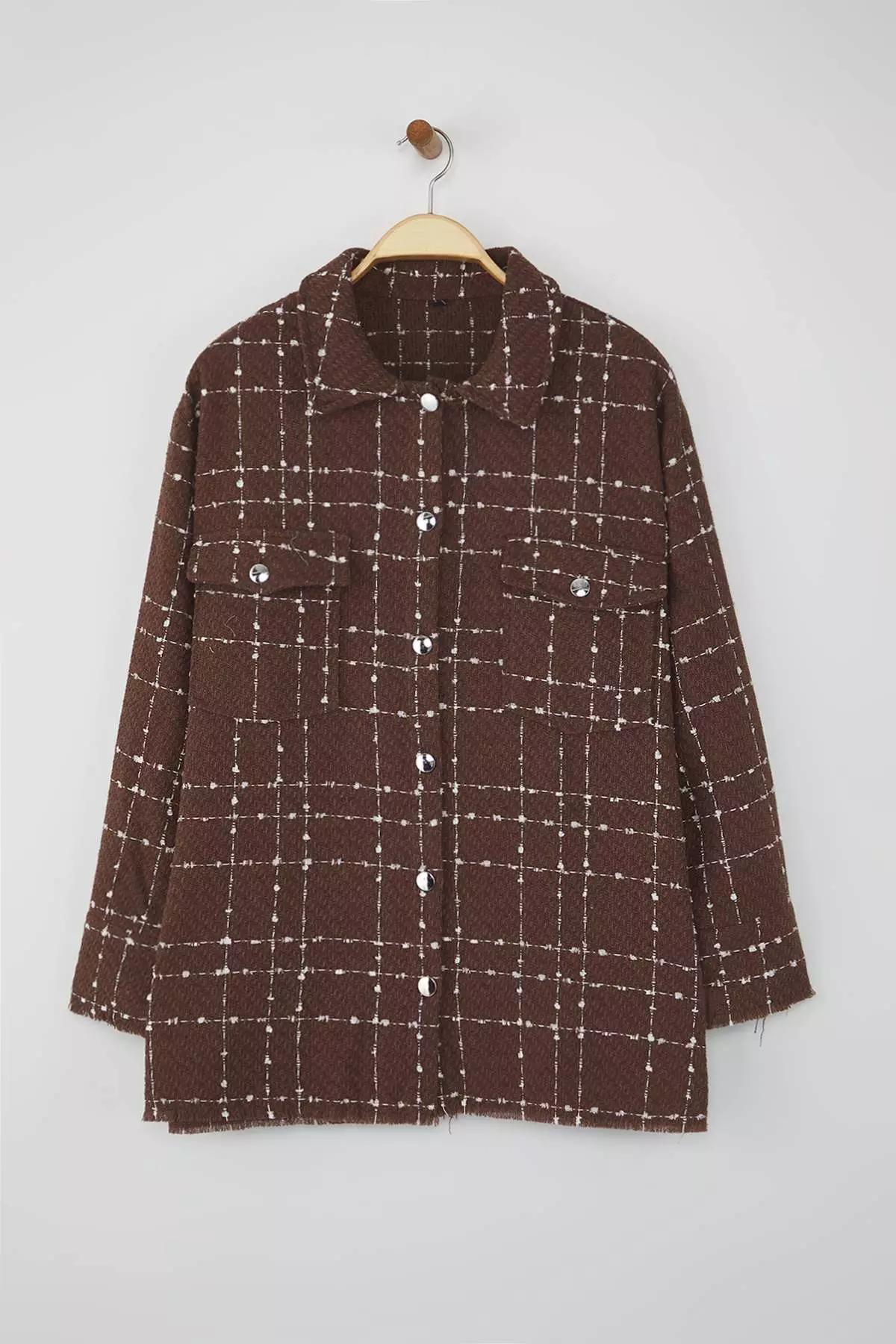 Brown Tweed Long Sleeve Winter Woven Plus Size Shirt/Jacket