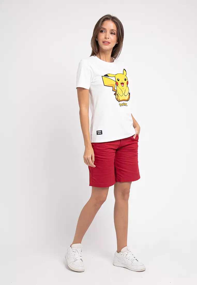 Forest X Pokemon Ladies Coral Fleece Textured Embroidered Pikachu Round Neck Tshirt Women - FP821000-02White