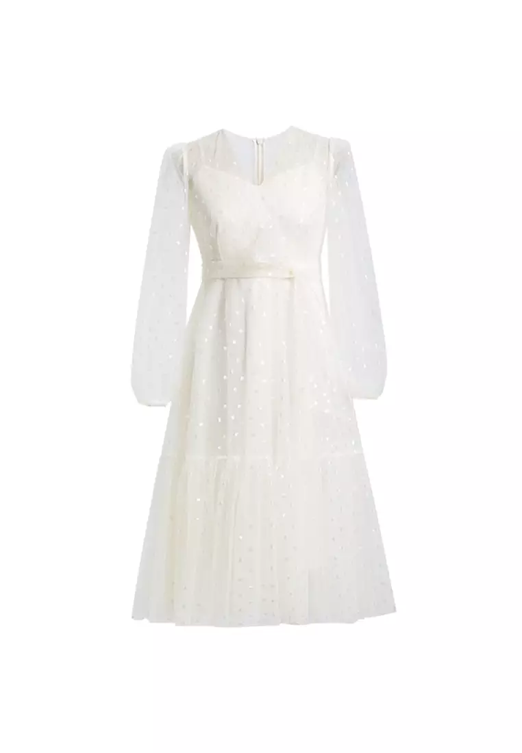 White lace long 2024 sleeve midi dress