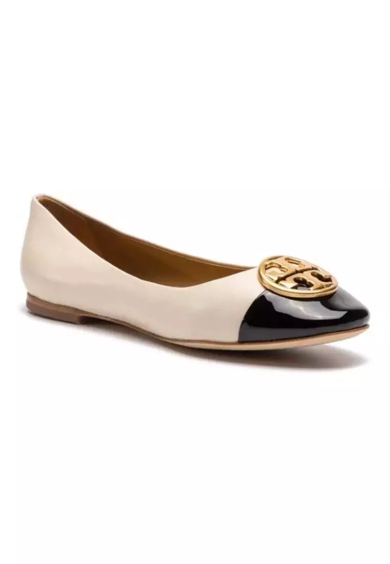 Tory Burch Chelsea Cap Toe Ballet Nappa Leather New Cream Perfect Black